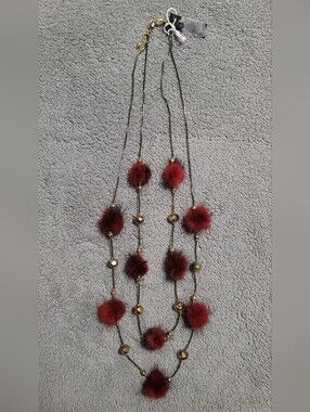Necklace By Gardenia: Red Pom-Poms w/Smokey Beaded Necklace with Gold Accents